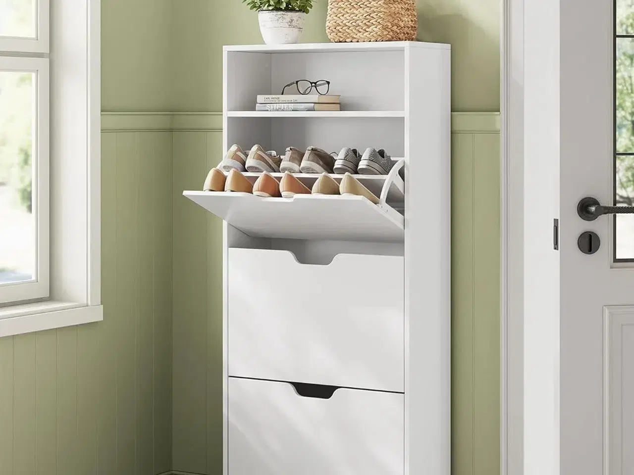 Billede 2 - Skoskab med 3 klaplåger åben hylde, justerbar skilleplade, 14–18 par, lille entré, 24 × 60 × 139 cm, cloud white