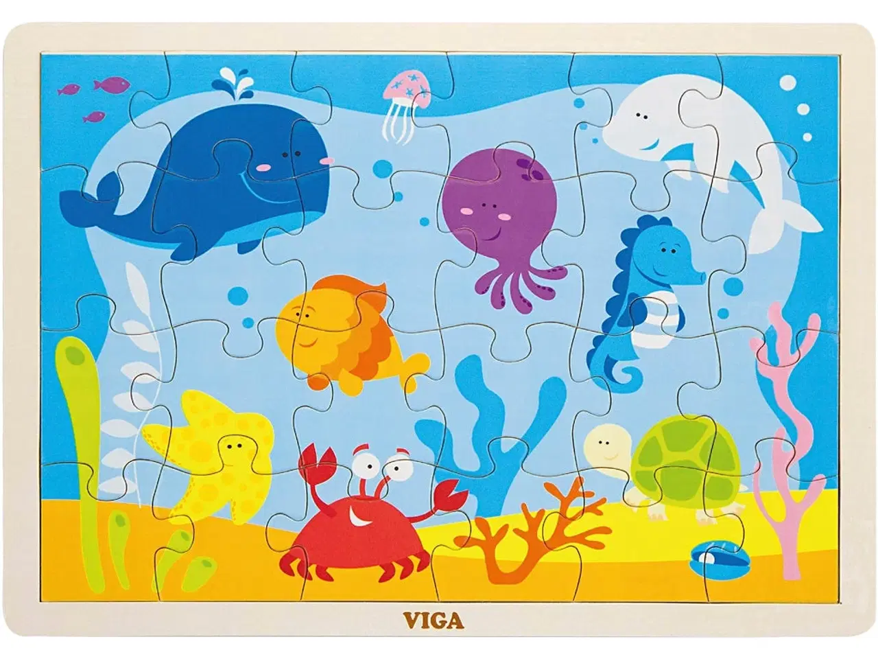 Billede 1 - VIGA Træpuslespil med Havets Dyr - 24 brikker