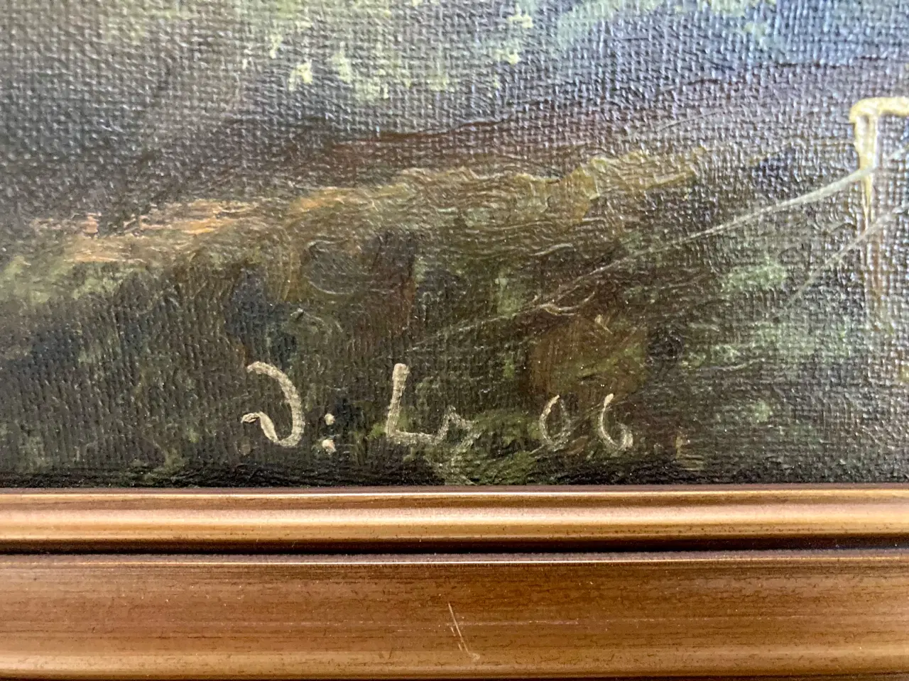 Billede 2 - Lille ældre landskabsmaleri olie på lærred med træ