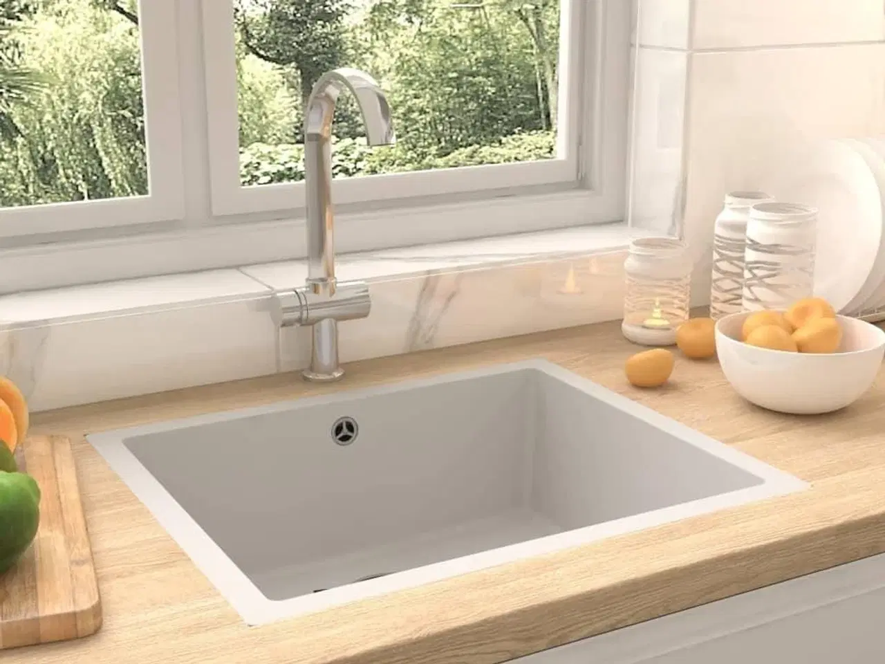 Billede 1 - Køkkenvask med overløbshul granit hvid