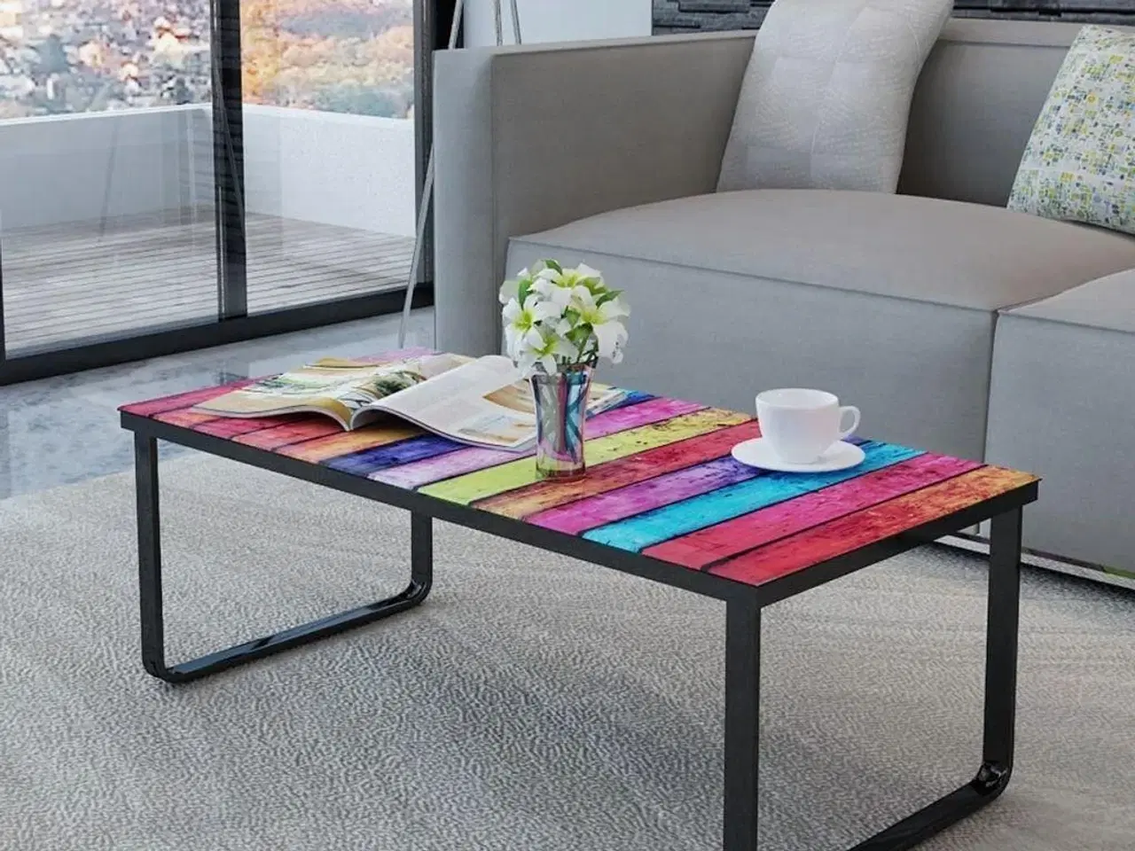 Billede 2 - Sofabord med regnbueprint glasbordplade