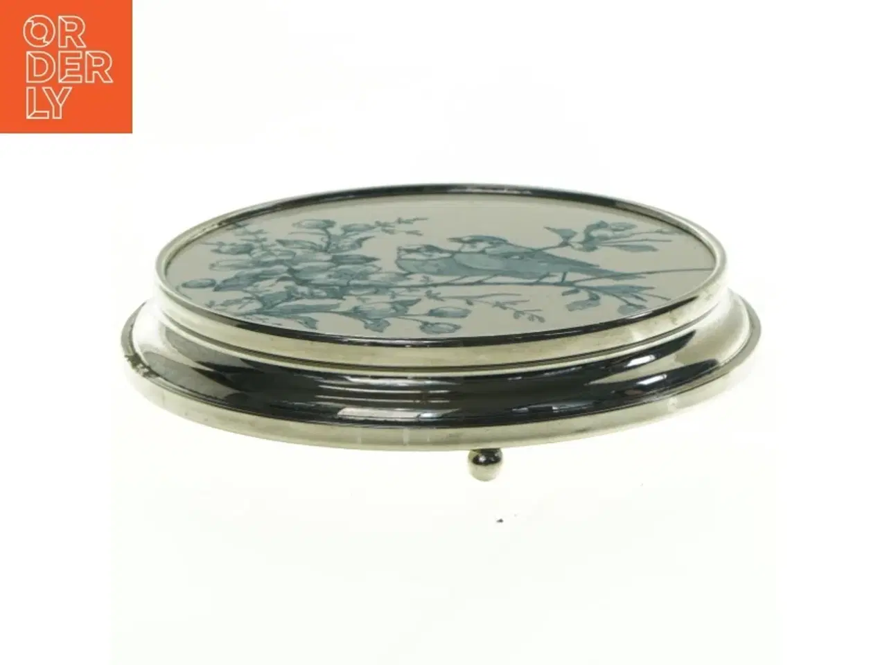Billede 2 - Porcelænsfad med fuglemotiv i sølvramme på fod (str. Diameter, 17 cm)
