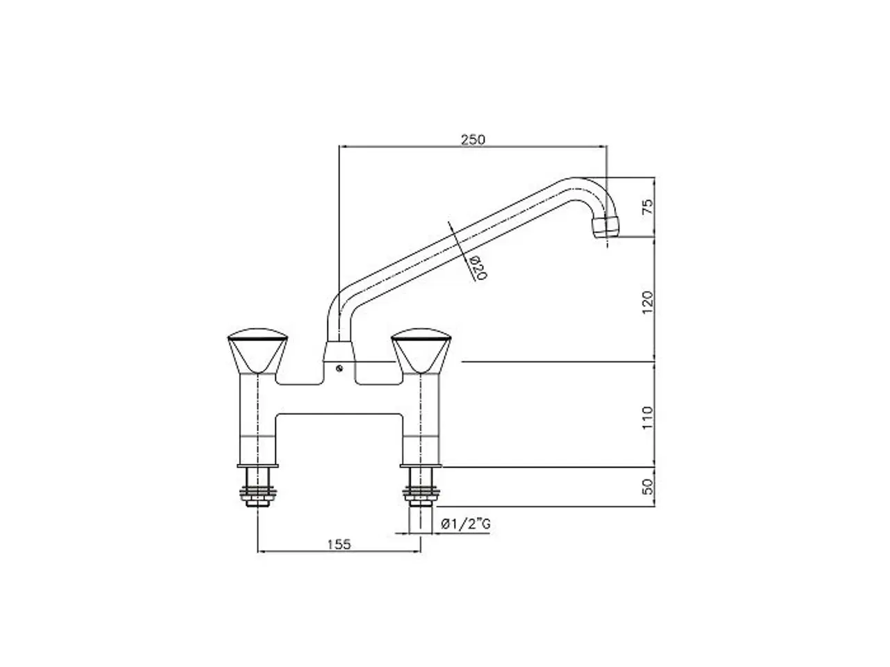Billede 2 - 2-huls Blandingsbatteri – 1/2″ Tilslutning