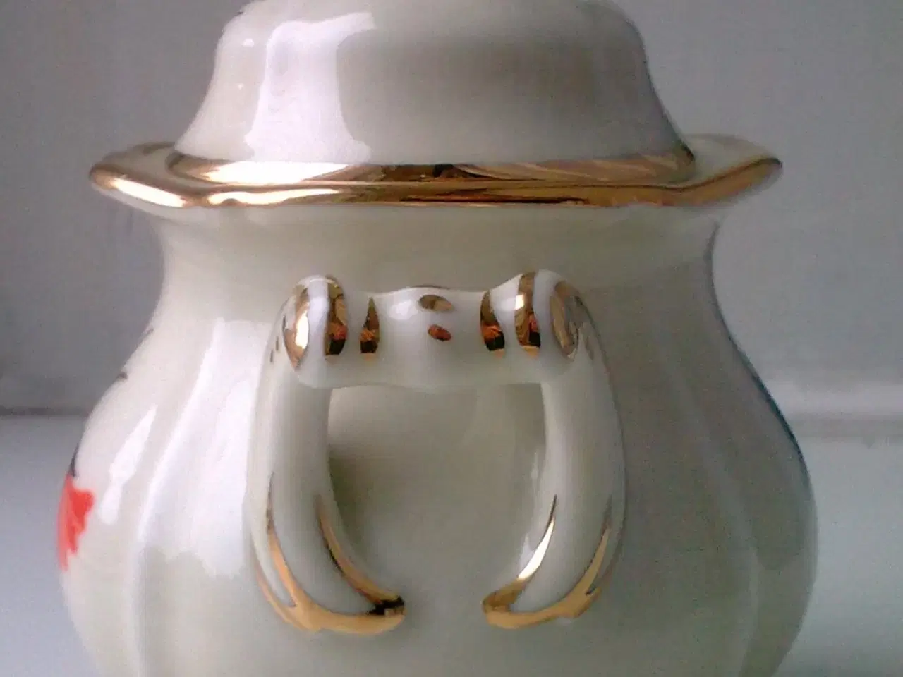 Billede 2 - Art deco dansk RØD BLÅ nelliker på krukke m guld