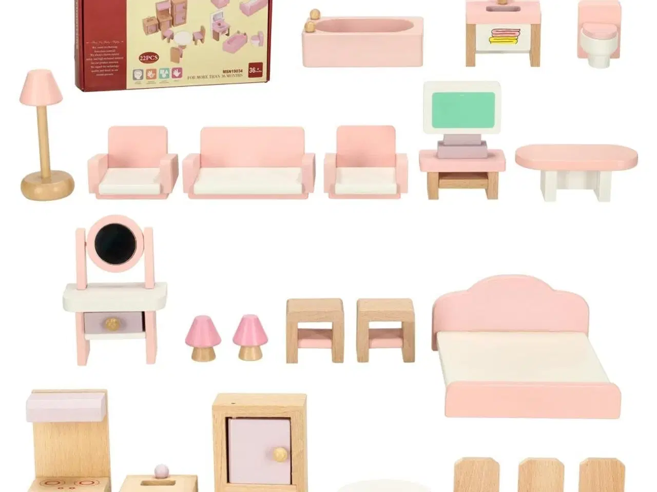 Billede 1 - Dukkehus møbler i træ – stue, soveværelse, badeværelse og køkken, lyserød – 22 dele