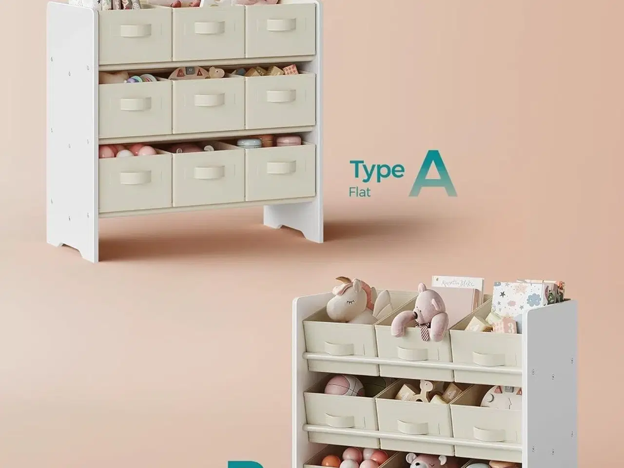 Billede 6 - Legetøjsreol med stofkasser 3 niveauer, 9 kasser, Cloud White, 29,5 × 62,5 × 60 cm