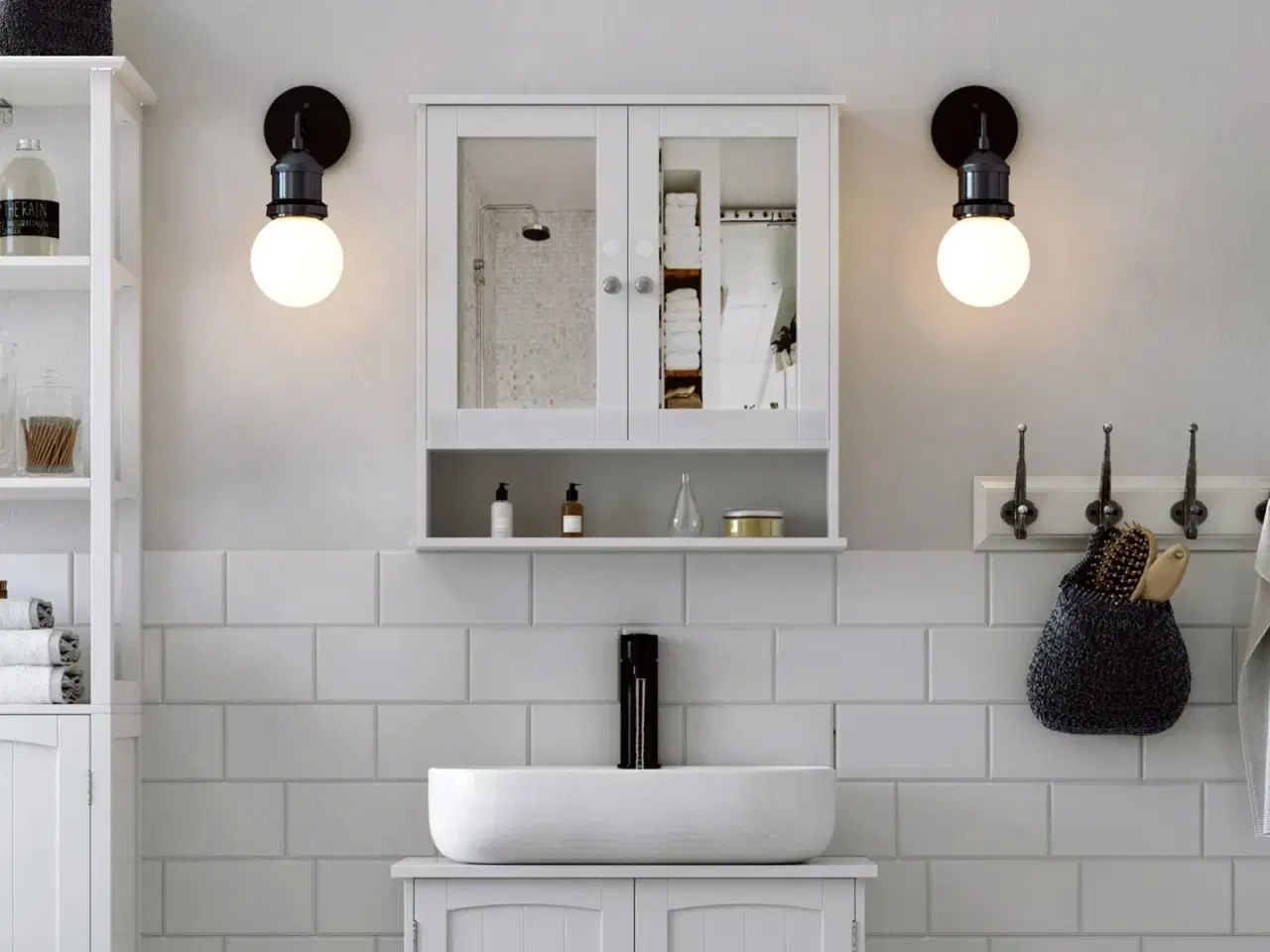 Billede 3 - Spejlskab til bad – VASAGLE, dobbeltlåger, væghængt, hvid, 56 × 13 × 58 cm