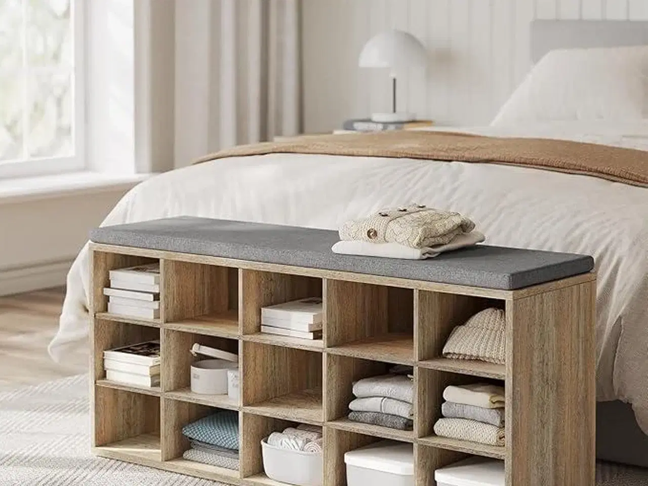 Billede 5 - Skobænk med opbevaring 15 rum, hynde, eg med blå årer/grå, 30 × 105 × 48 cm