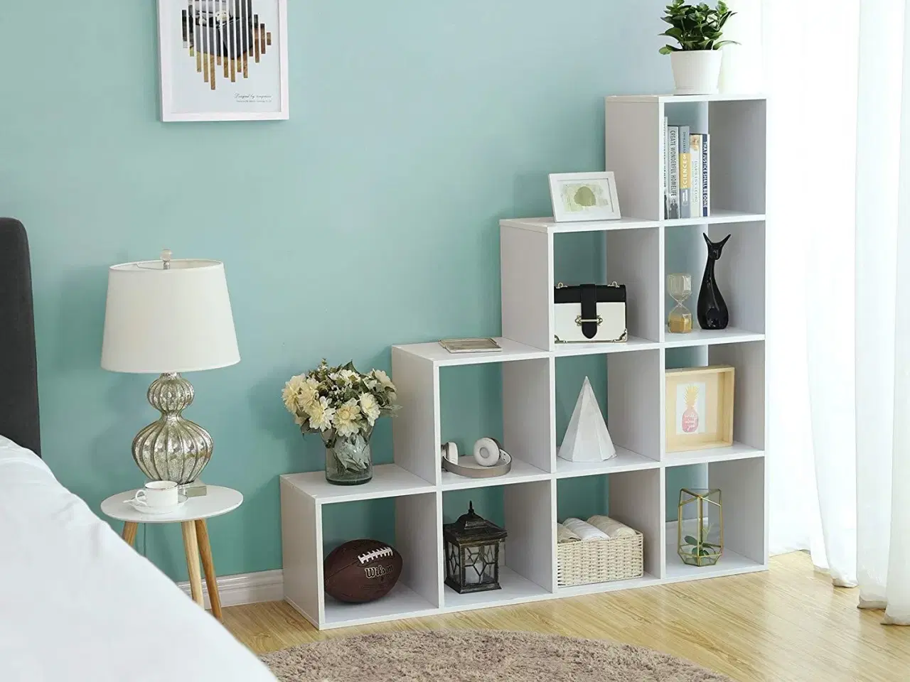 Billede 5 - Bogreol i kuber – VASAGLE trappereol, rumdeler, 10 åbne rum, hvid, 129,5 × 129,5 × 29 cm