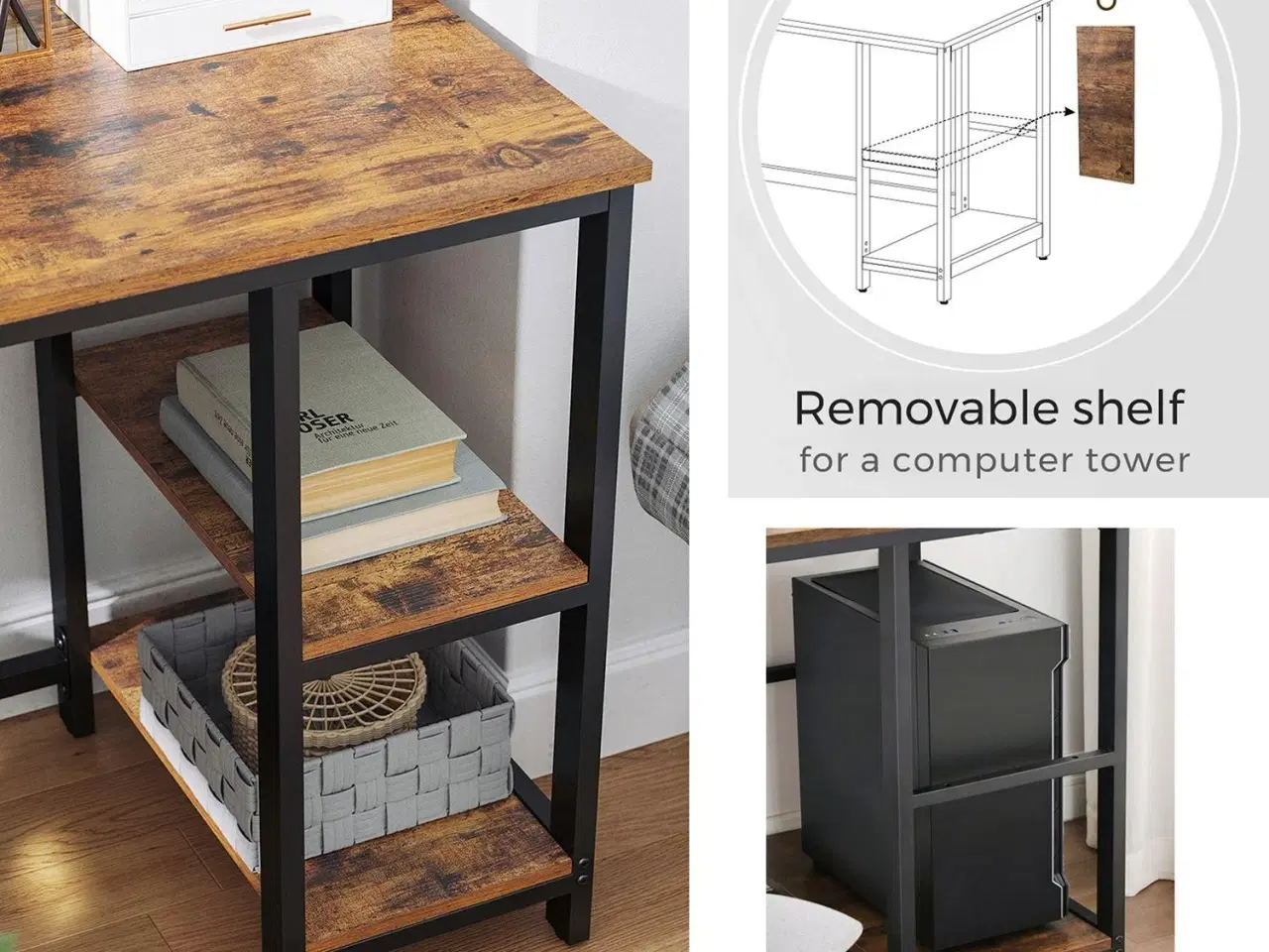 Billede 7 - Skrivebord i L‑form hjørneskrivebord med hylder, industriel rustik brun/sort