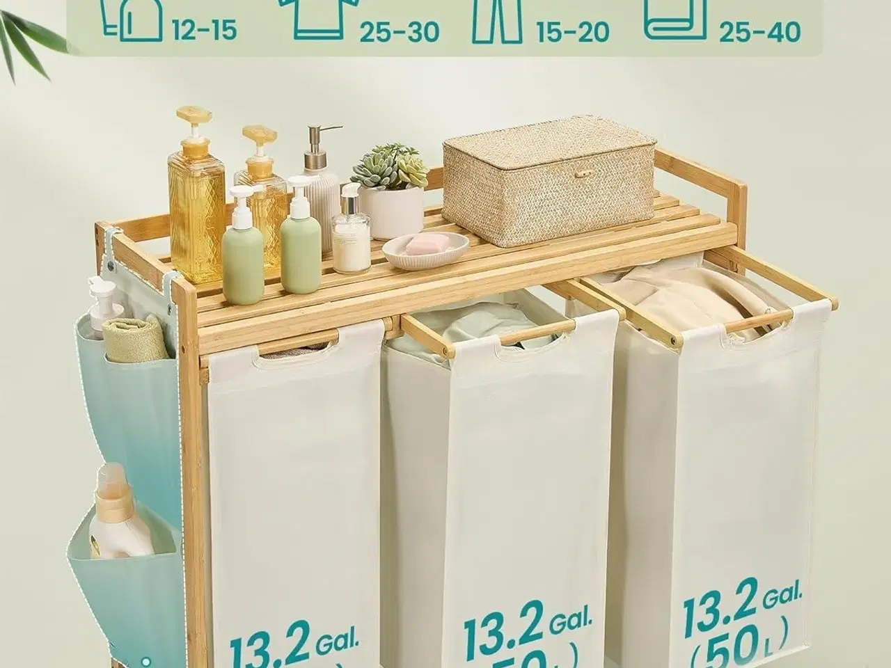 Billede 5 - Vasketøjssorterer med 3 rum, hylde og sidelommer – 150 l, cremehvid (94 × 33 × 78 cm)