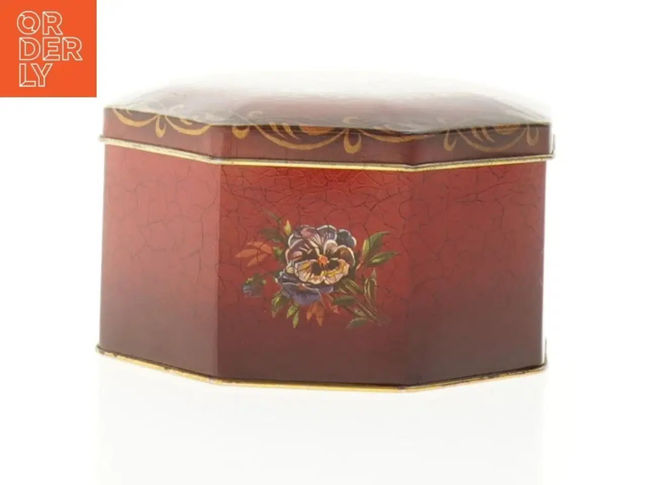 Billede 1 - Engelsk Vintage Ottekantet metal dåse med blomstermotiv (str. 12 x 7 cm)