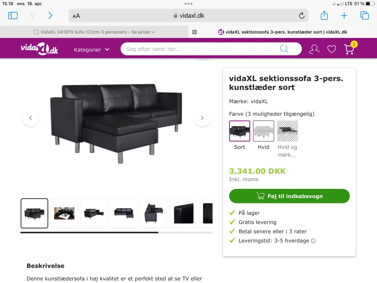 Billede 3 -  Sofa med chaiselong