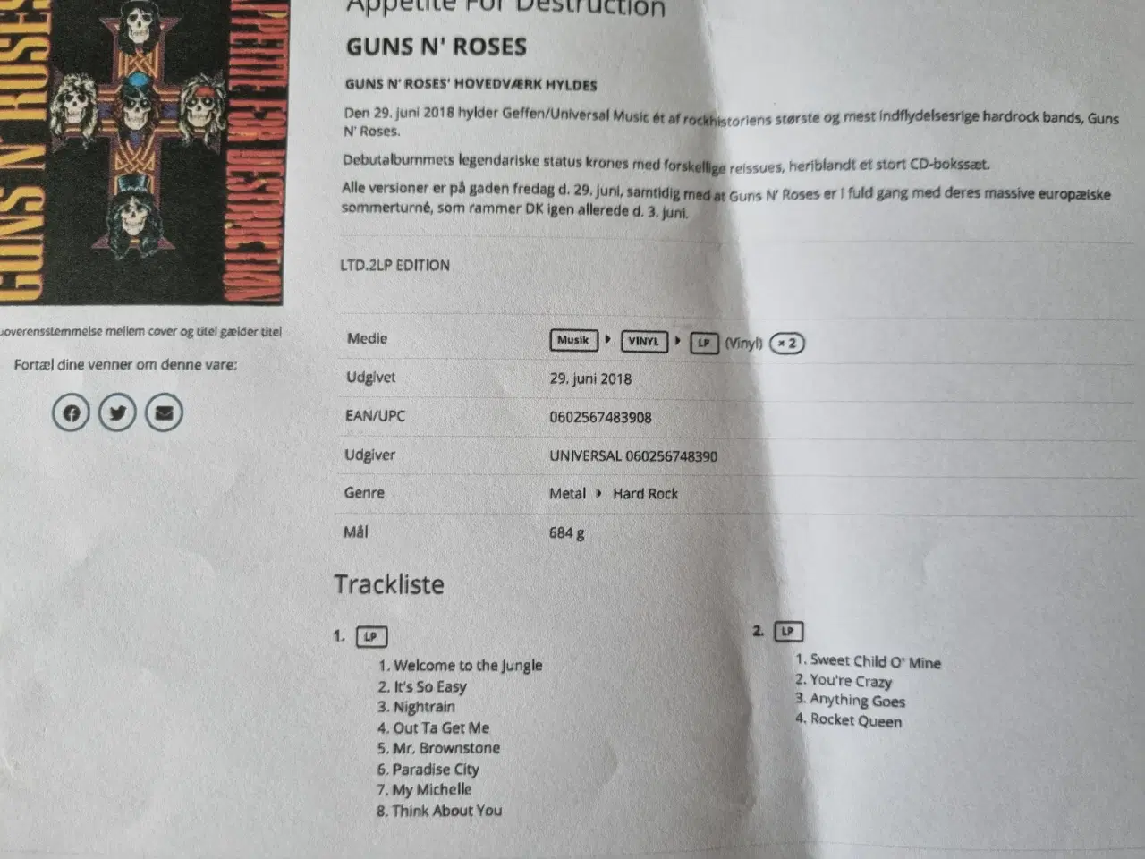 Billede 4 - Guns n` Roses, 2 VINYL I ALBUMMET