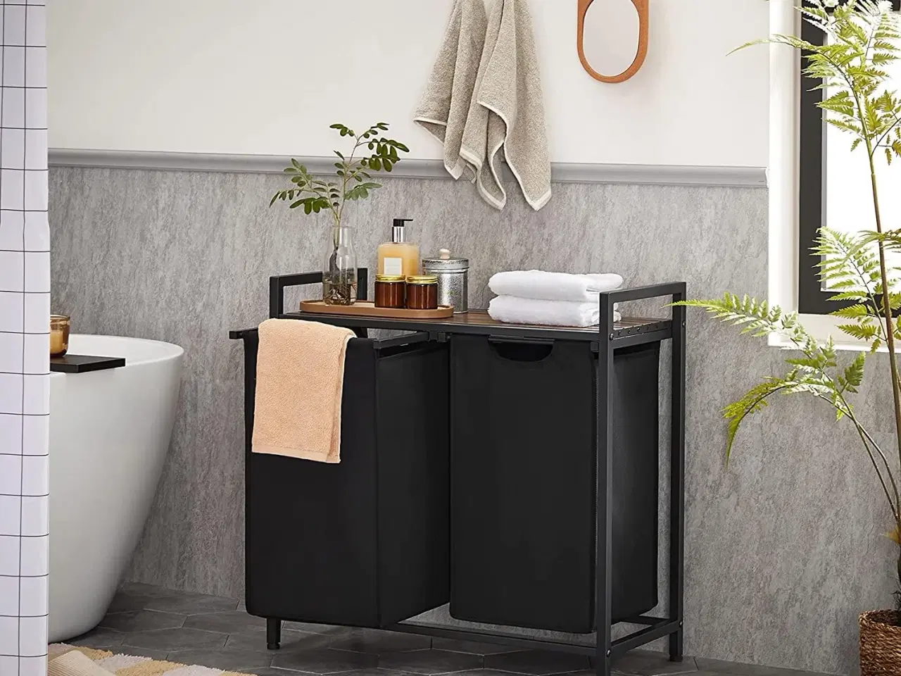 Billede 2 - Vasketøjskurv med 2 rum – VASAGLE, 2 x 46 l, 73 × 33 × 72 cm, rustik brun/sort