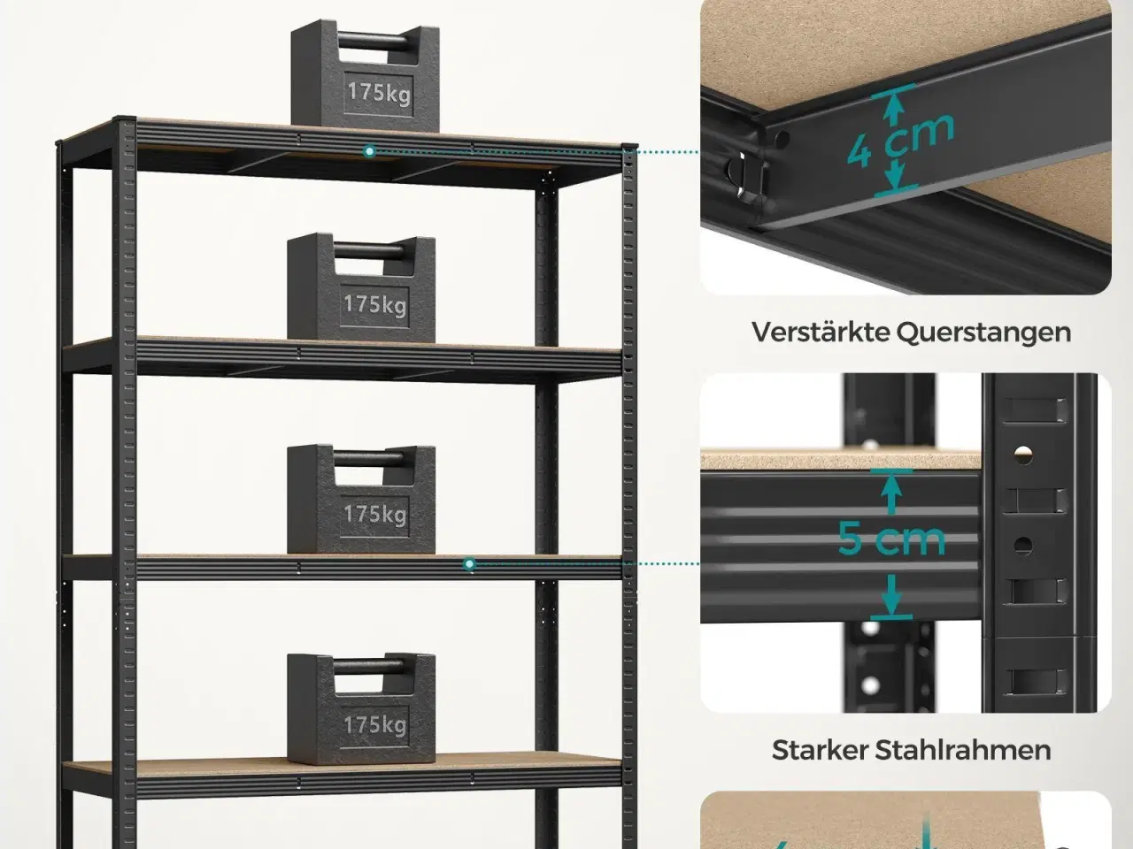 Billede 3 - Reol med 5 hylder stålhylle, 60 × 120 × 200 cm, sort