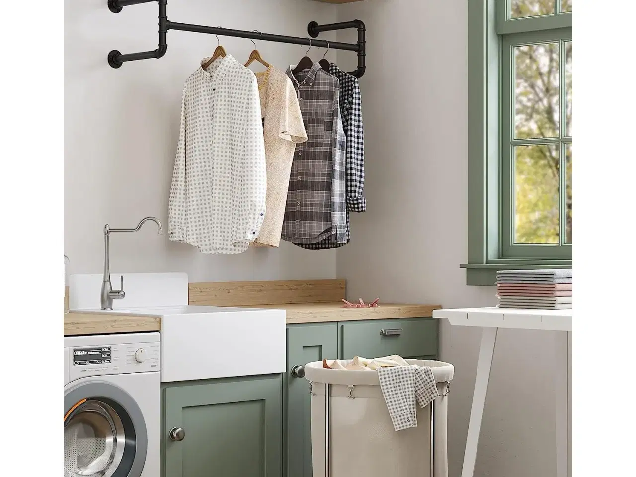 Billede 3 - Tøjstativ til væg sæt á 2, industriel rørstang, pladsbesparende, 110 × 30 × 29,3 cm, max 60 kg pr. stativ, sort HSR64BK-02