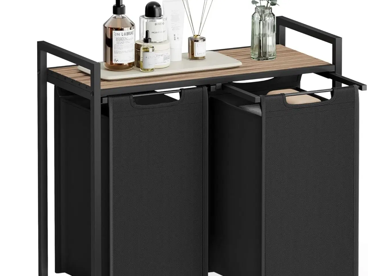 Billede 1 - Vasketøjskurv med 2 rum – VASAGLE, udtrækbare poser, hylde, metalstel, 2 × 46 l, 73 × 33 × 72 cm, kamelbrun/sort