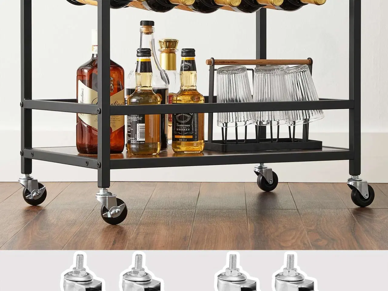 Billede 5 - Rullebord med vin- og glasholder industrielt design, 60 × 40 × 75 cm, rustik brun/sort