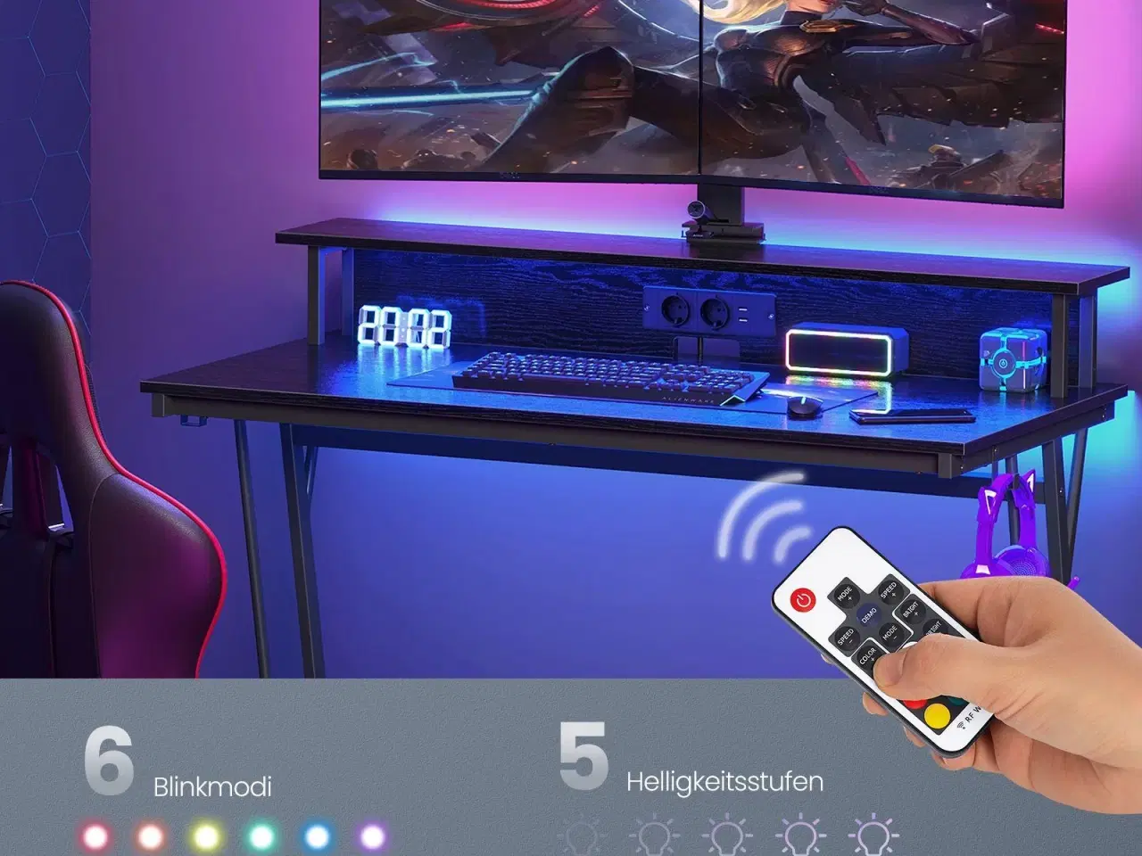 Billede 4 - Skrivebord til gaming VASAGLE med LED og strømudtag, 120 × 60 cm, klassisk sort