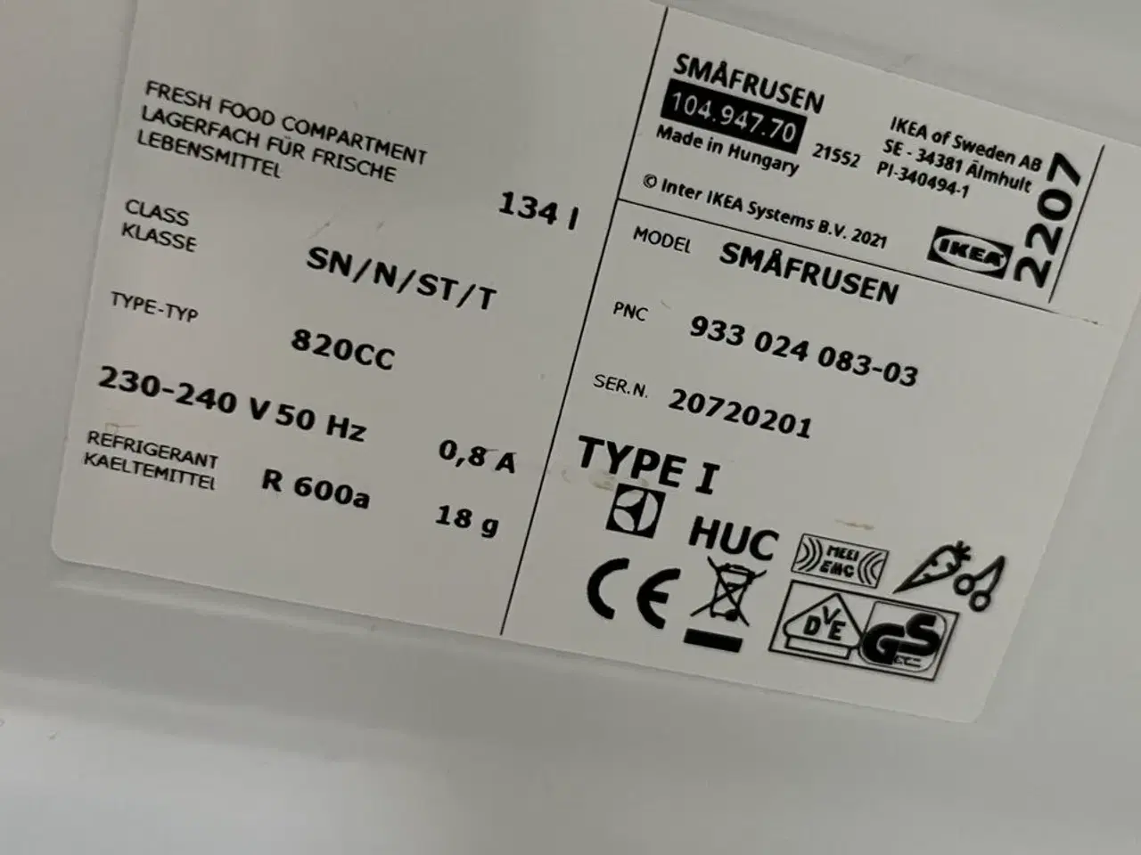 Billede 4 - Køleskab IKEA SMÅFRUSEN