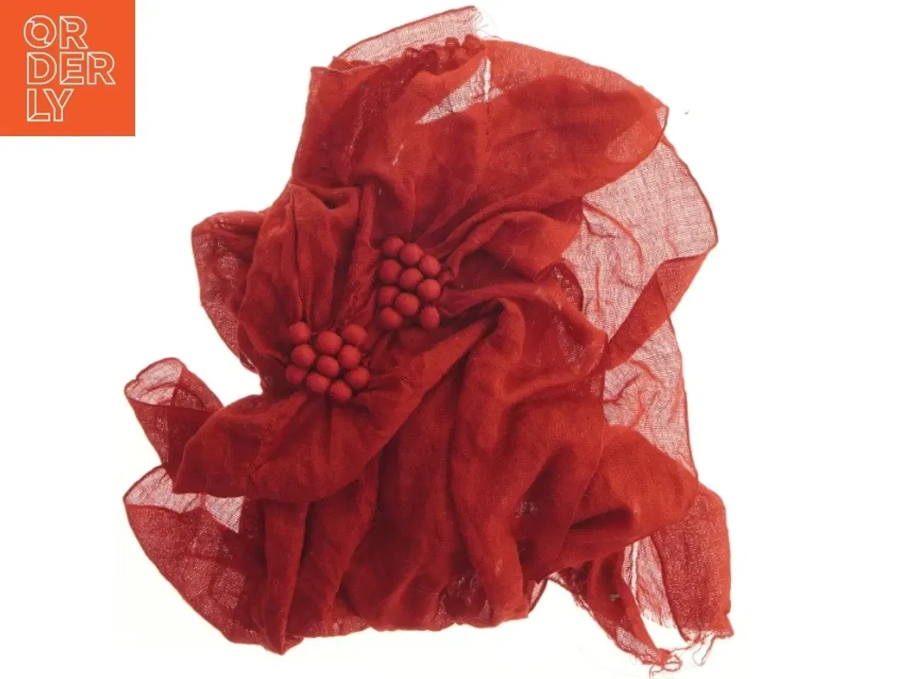 Billede 1 - Rød tørklæde med dekoration (str. 54x200 cm)