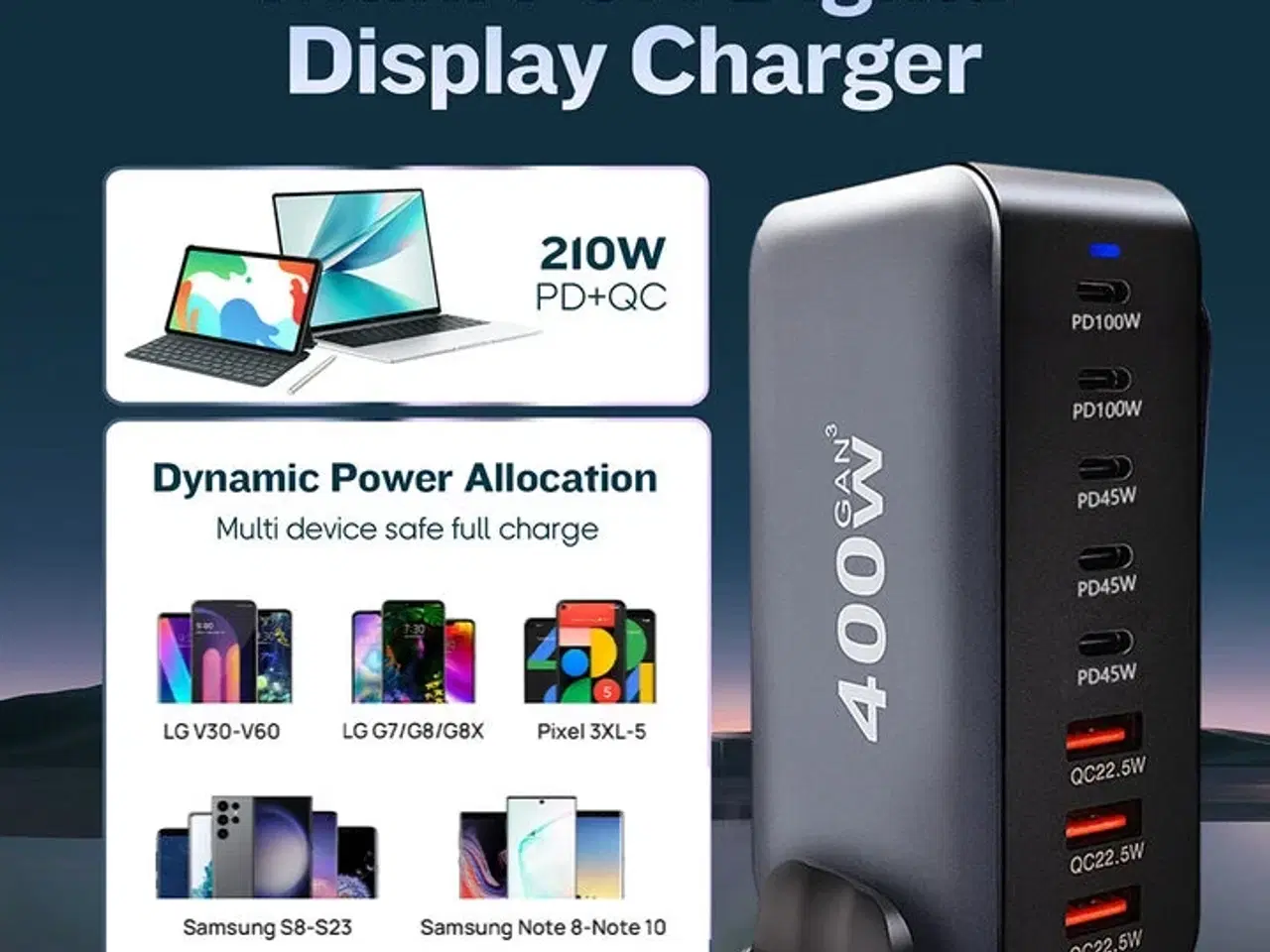 Billede 2 - Ladestation GaN 400W – 8 porte (USB-C & USB-A) – Hurtig opladning til mobil og bærbar computer