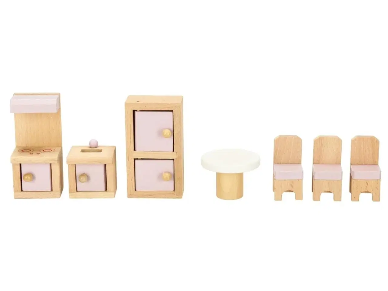 Billede 9 - Dukkehus møbler i træ – stue, soveværelse, badeværelse og køkken, lyserød – 22 dele