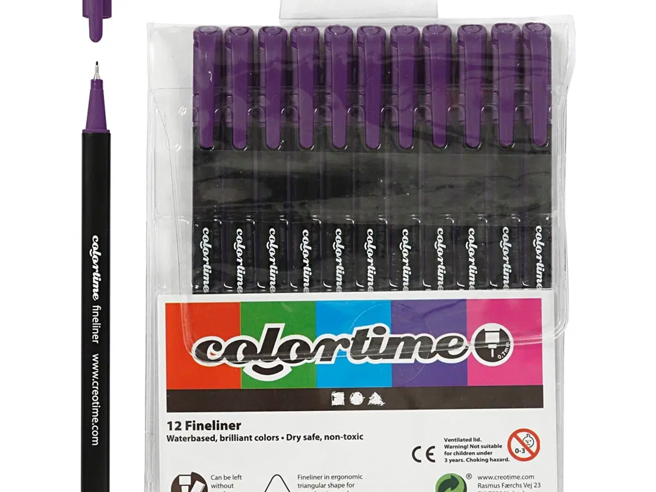 Billede 1 - Colortime Fineliner Tusch, streg 0,6-0,7 mm, lilla, 12stk./ 1 pk.