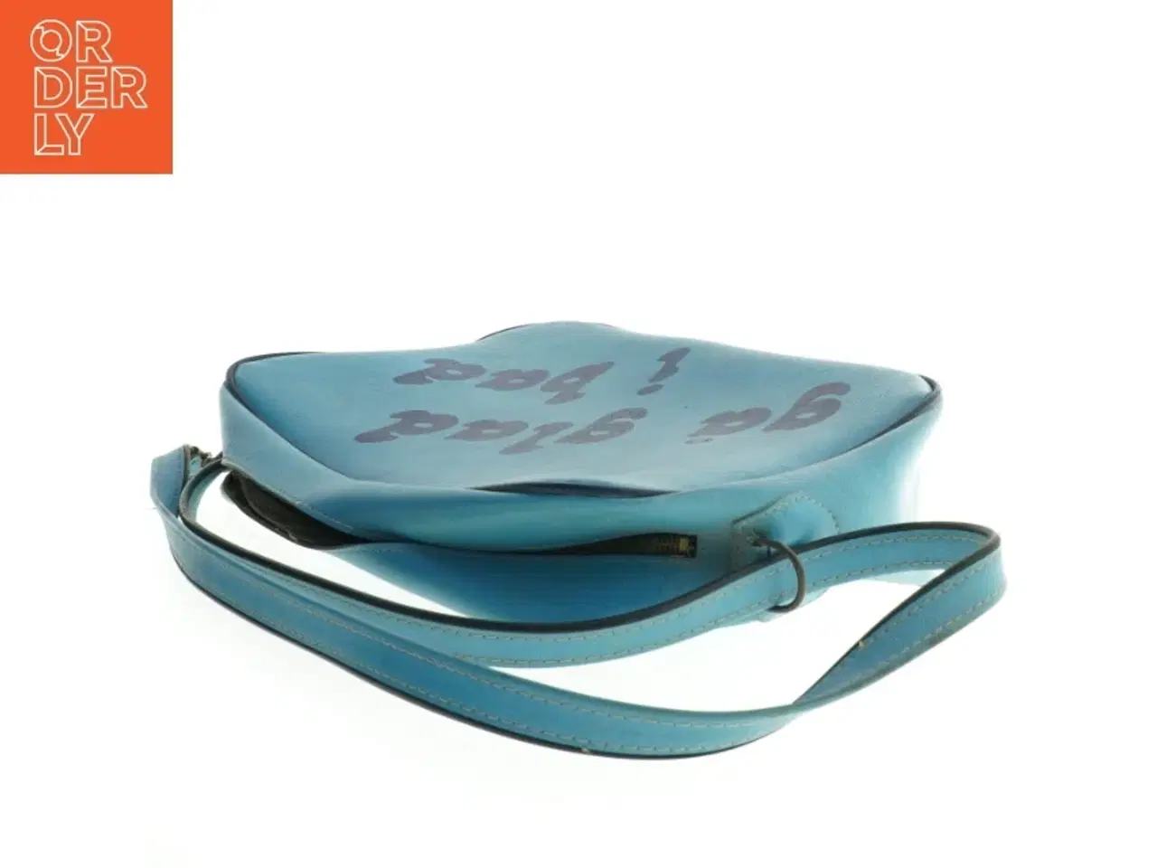 Billede 5 - Blå skuldertaske med tekst 'gå glad i bad' (str. 40 x 28 x 10 cm)