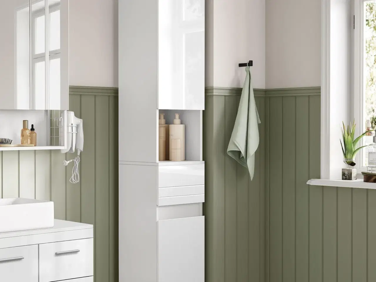 Billede 2 - Højt smalt badeværelsesskab – SONGMICS VASAGLE, 30 × 30 × 170 cm, hvid, med skuffe og justerbare hylder