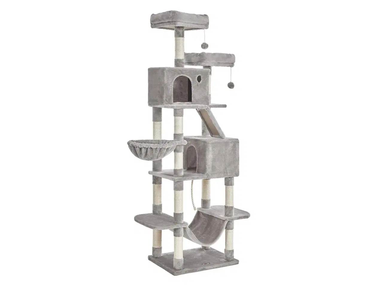 Billede 1 - Klatretræ til kat – FEANDREA, 206 cm høj med 13 kradsepæle, rampe, 2 udkigsplatforme og 2 huler, kurv, hængekøje og pomponer, lysegrå