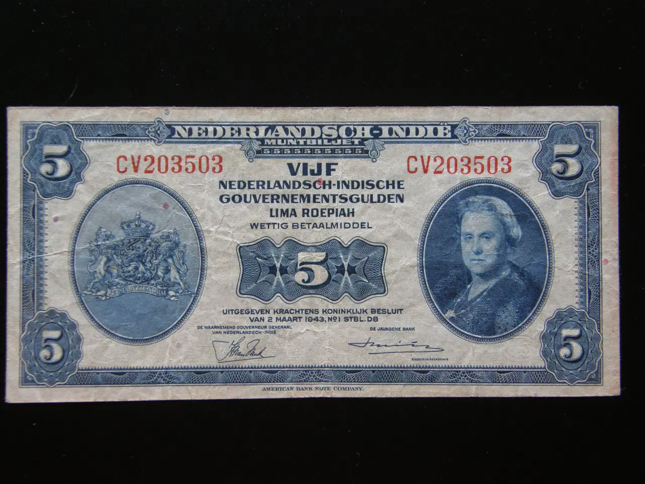 Billede 1 - Netherlands Indies  5 Gulden  1943  P113