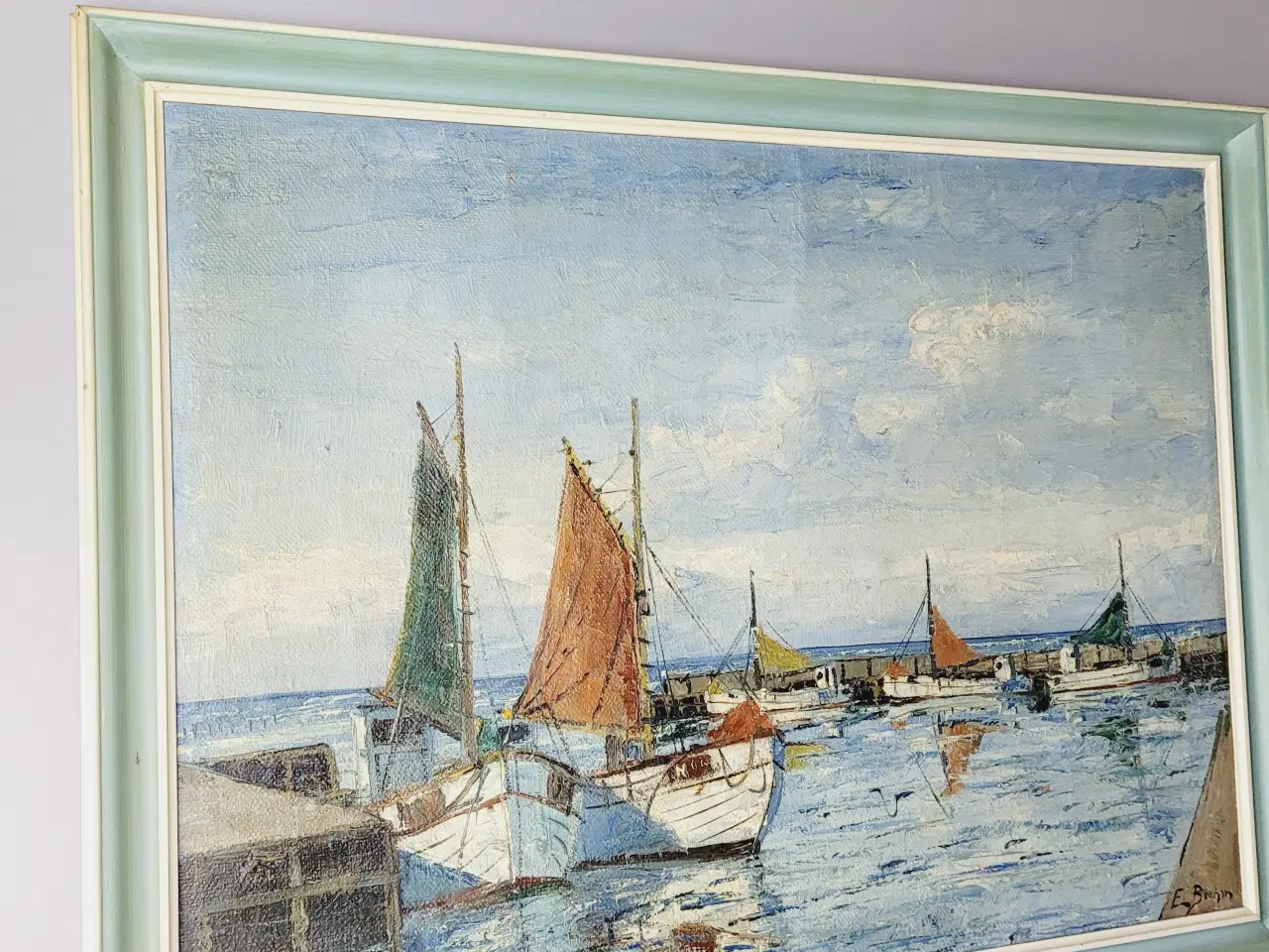 Billede 3 - ⛵ Charmerende Oliemaleri - Emil Brehm – Havnemotiv