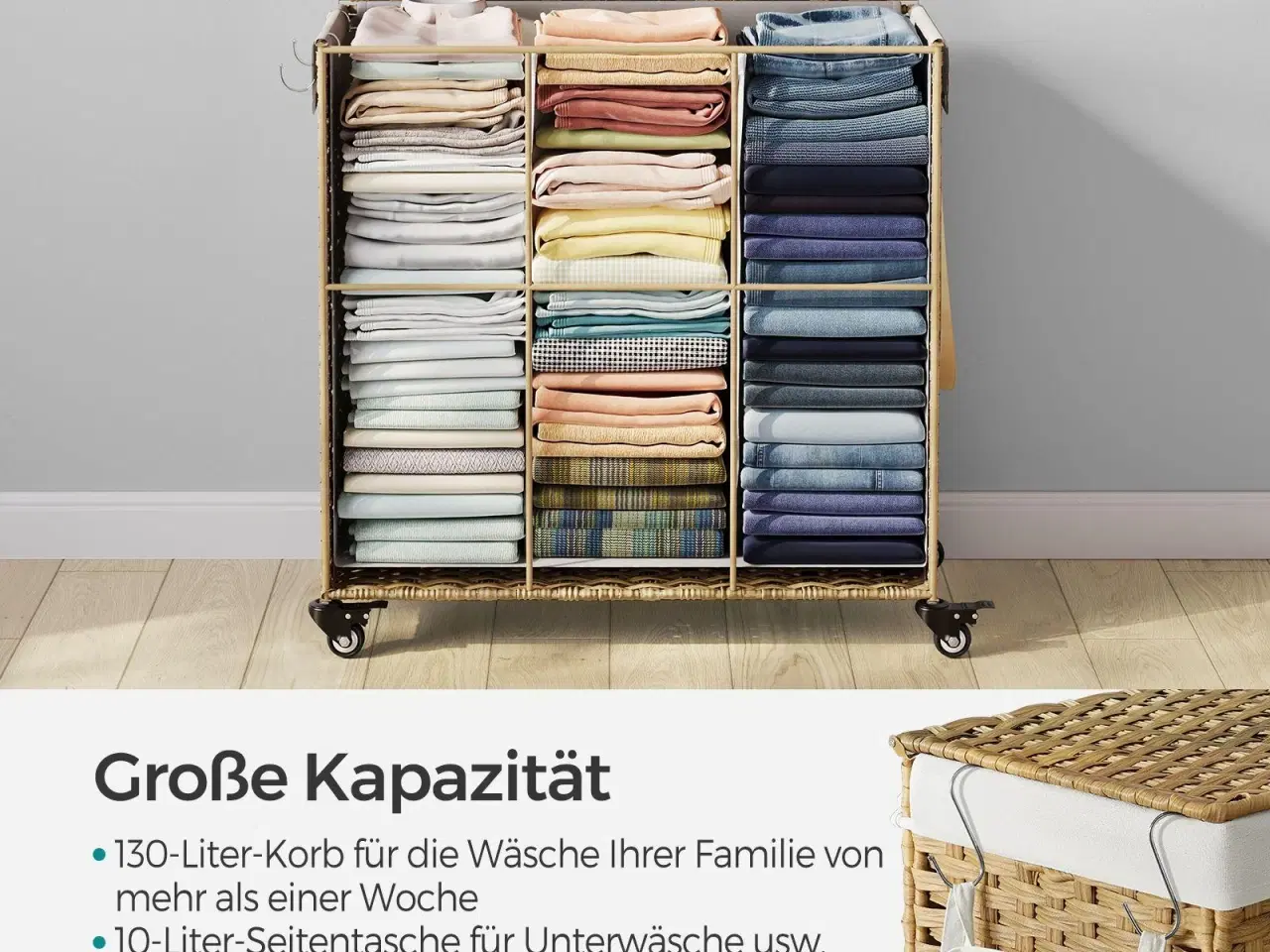 Billede 6 - Vasketøjskurv med låg – SONGMICS, 140 l, rattan-look, 3 rum, aftagelig inderpose, hjul og håndtag, natur, 66 × 33 × 60 cm