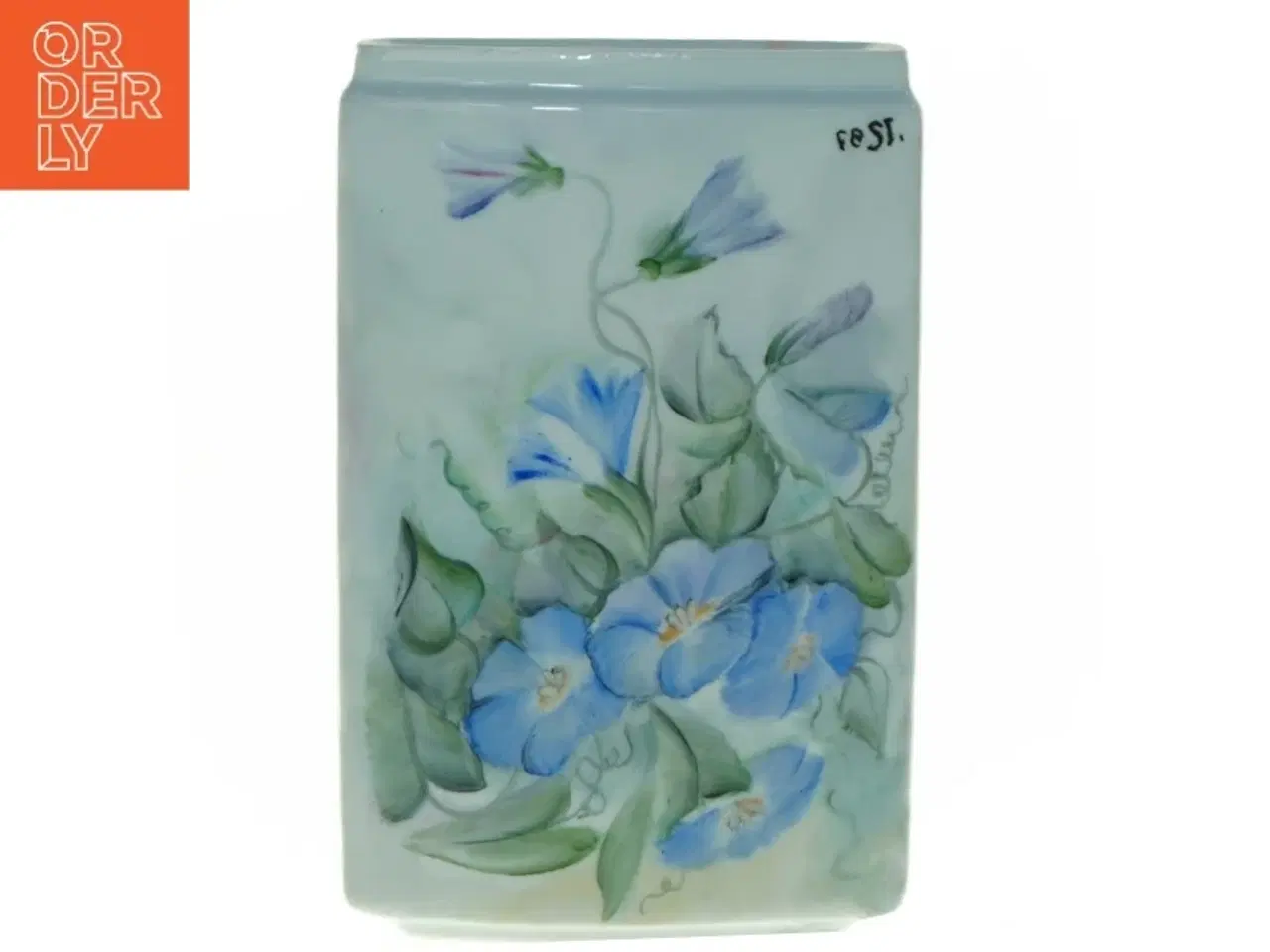 Billede 1 - Håndmalet Blomsterdekoreret vase med blå snerler (str. 19 x, 12 x 5 cm)