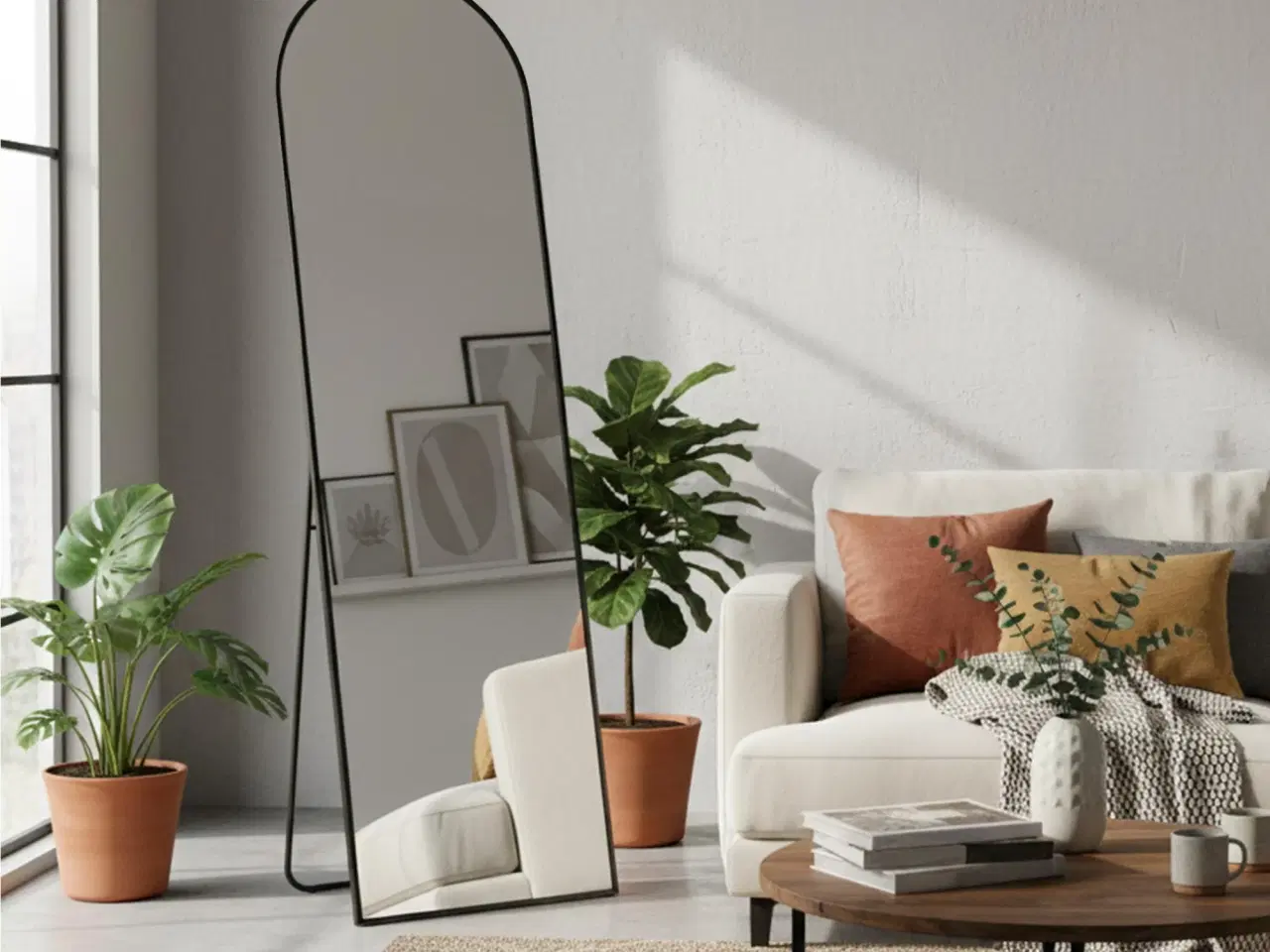 Billede 6 - Gulvspejl fuld længde 160 × 50 cm buet spejl med stander, hærdet glas, aluminiumsramme, Ink Black