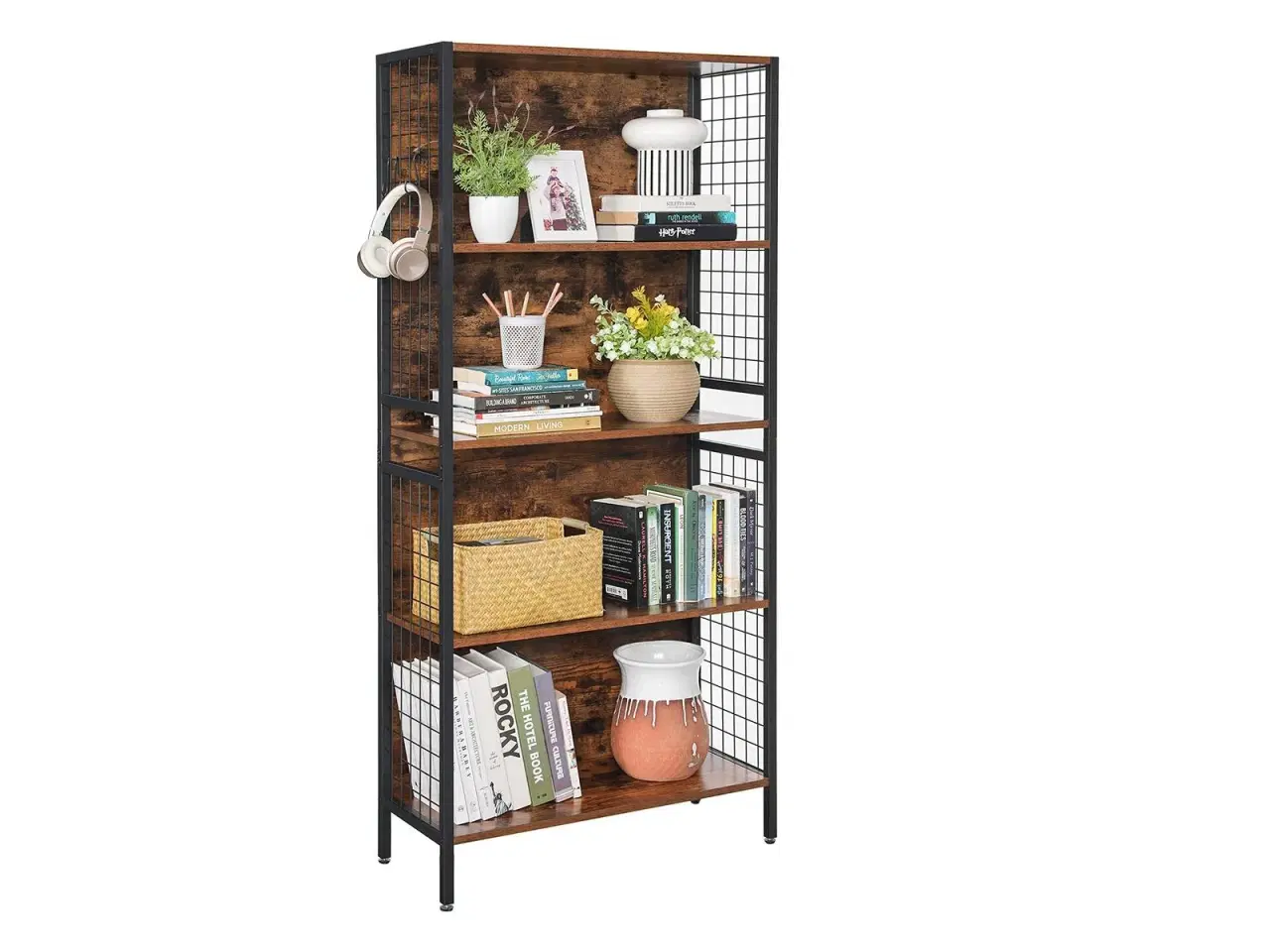 Billede 2 - Bogreol 4 hylder – VASAGLE, stålramme, kroge, rustik brun/sort