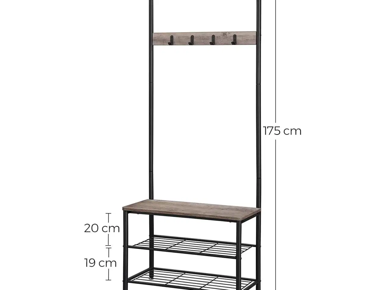 Billede 6 - Tøjstativ med bænk og skohylde 3-i-1 entremøbel, stålramme, 70 × 32 × 175 cm, industriel greige/sort (HSR41MB)