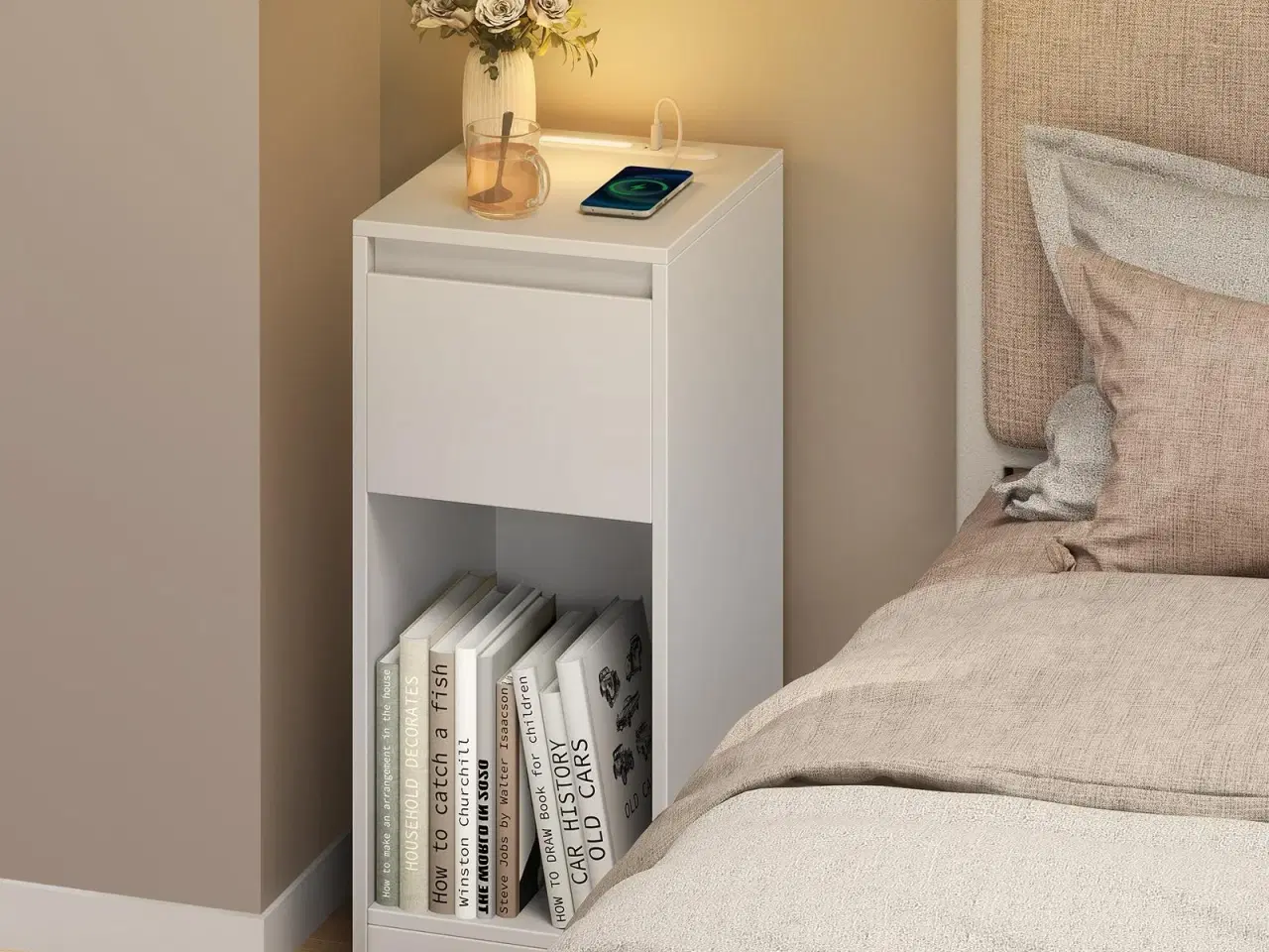 Billede 2 - Sengebord med LED-lys og strømudtag – pladsbesparende natbord, hvid