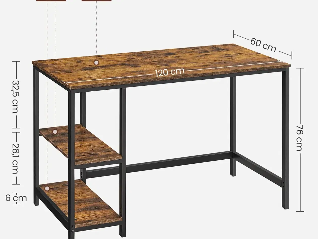 Billede 4 - Skrivebord med hylder industrielt, rustik brun/sort, 120×60 cm