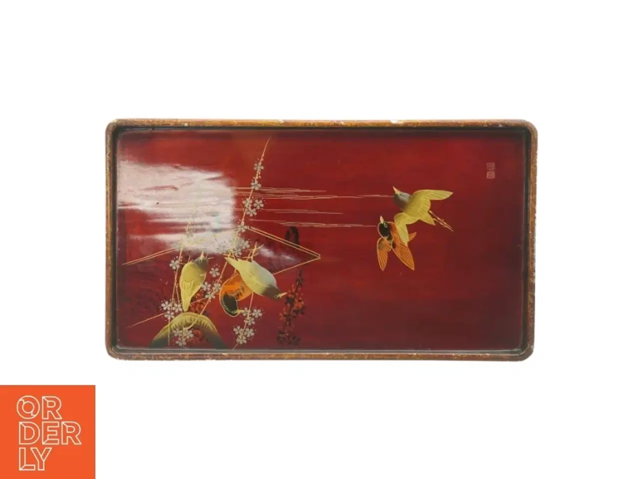 Billede 1 - Orientalsk Lakeret  serveringsbakke med fuglemotiv (str. 37 x 21 cm)