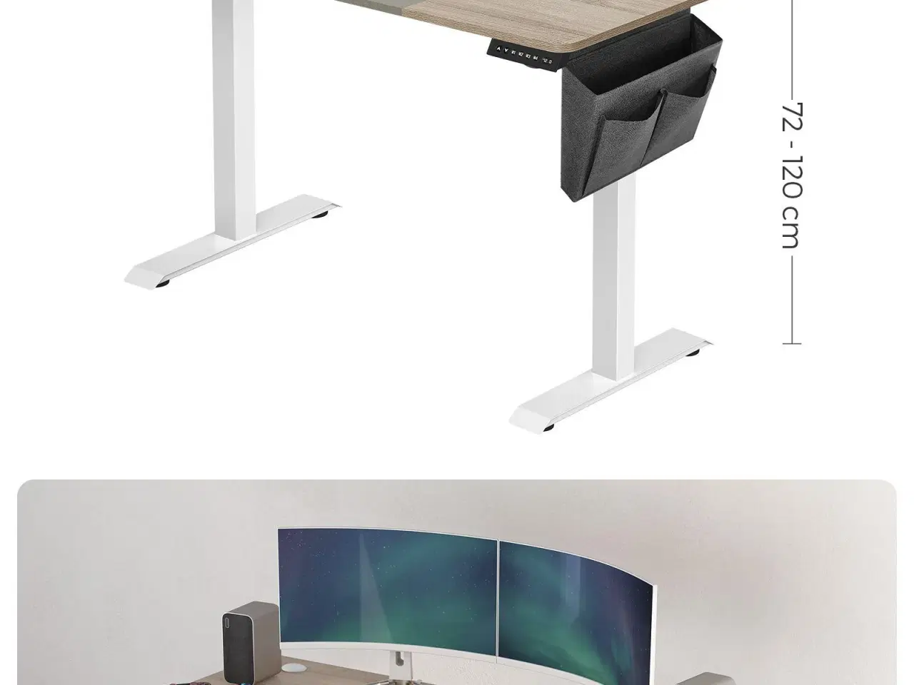 Billede 7 - Elektrisk hæve-sænkebord 60 × 140 cm – højde 72–120 cm, splicet bordplade i hvid/greige, memory 4 niveauer, støjsvag, belastning 80 kg