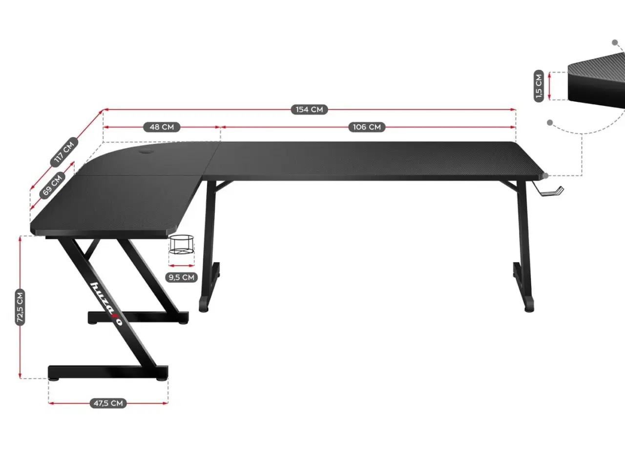 Billede 2 - Gamingbord hjørne – Huzaro Hero 7.0, sort