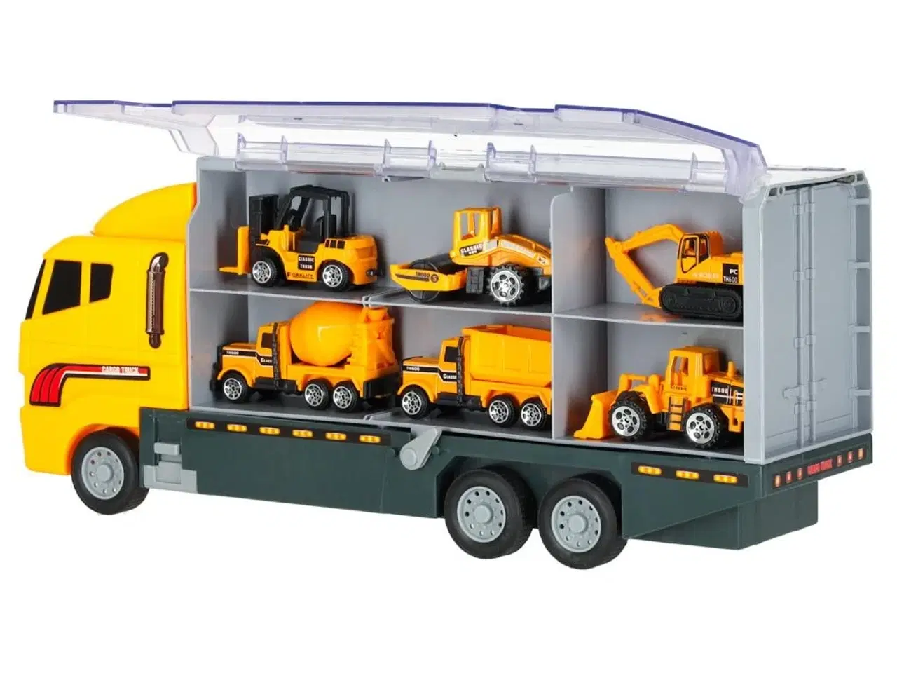Billede 2 - Legetøjslastbil transporter med affyringsrampe + 6 metal byggemaskiner
