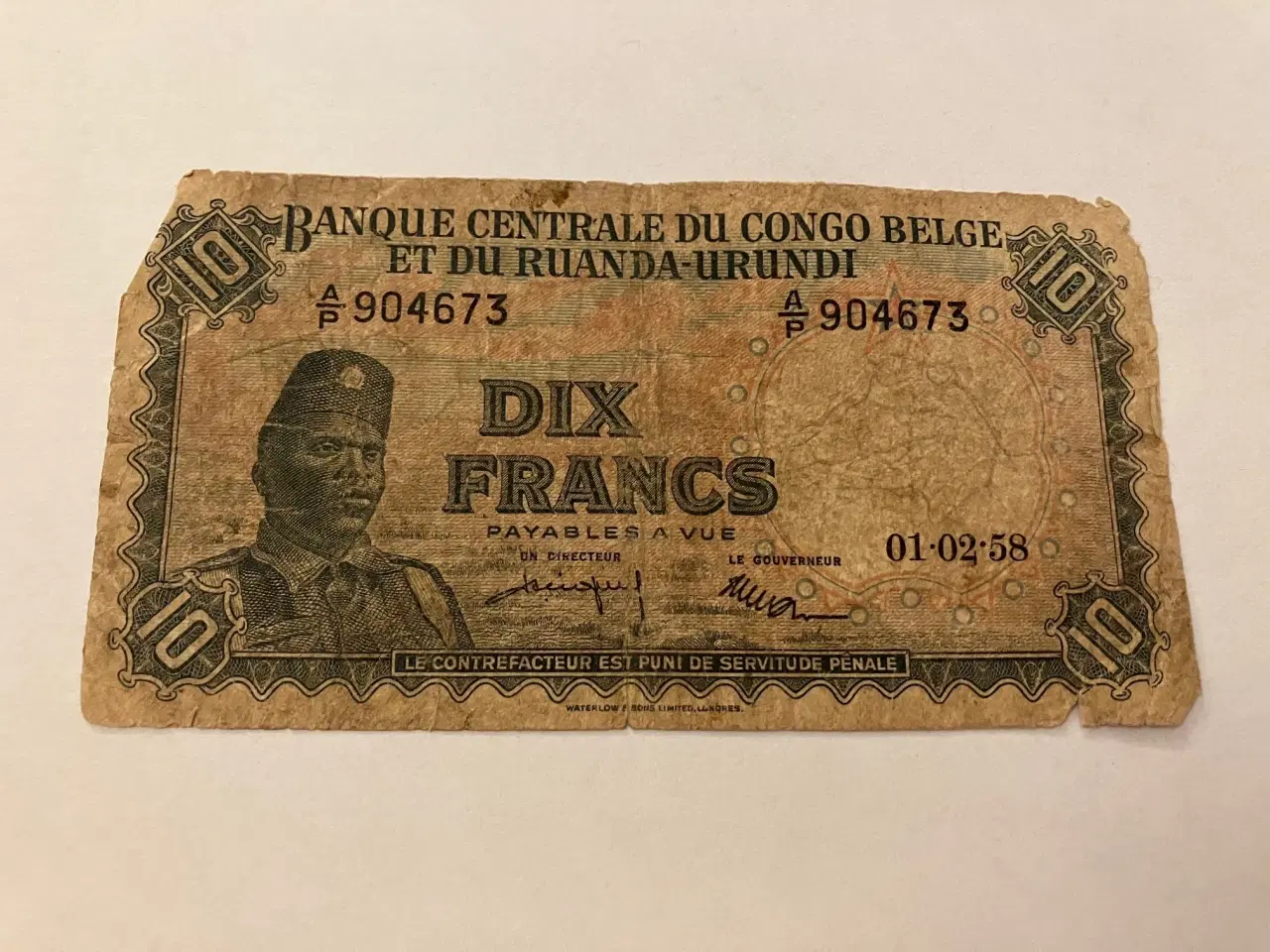 Billede 1 - 10 Francs Belgian Congo 1958 - Meget dårlig stand