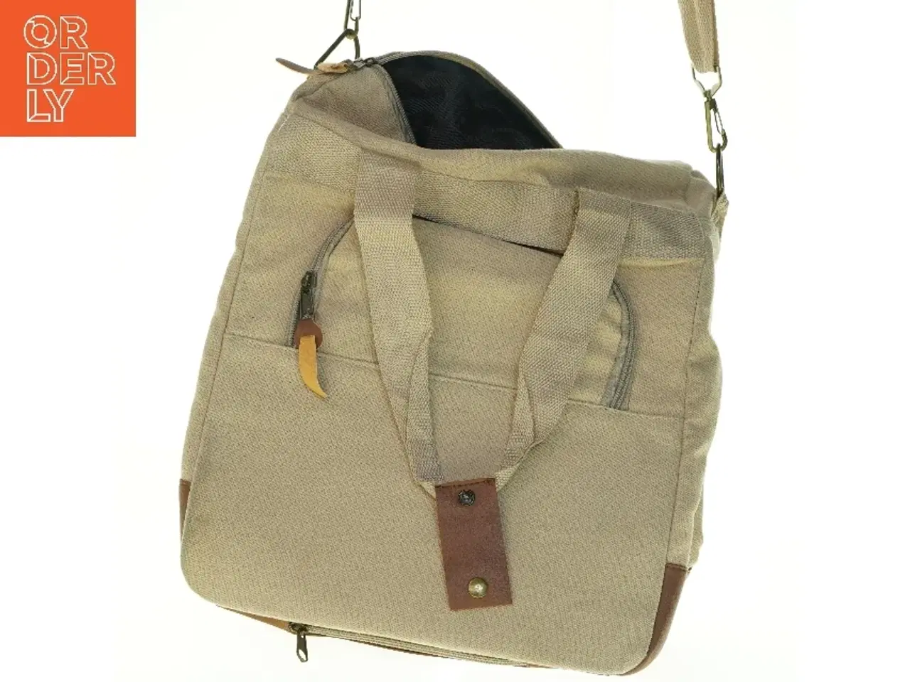 Billede 2 - Lærred rygsæk med læderdetaljer (str. 40 x 32 cm)