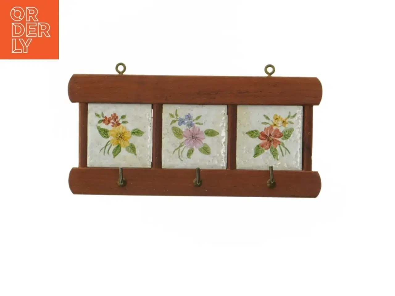 Billede 1 - Væghængt knagerække med håndmalede blomster keramikkakler (str. 20x9,5 cm)