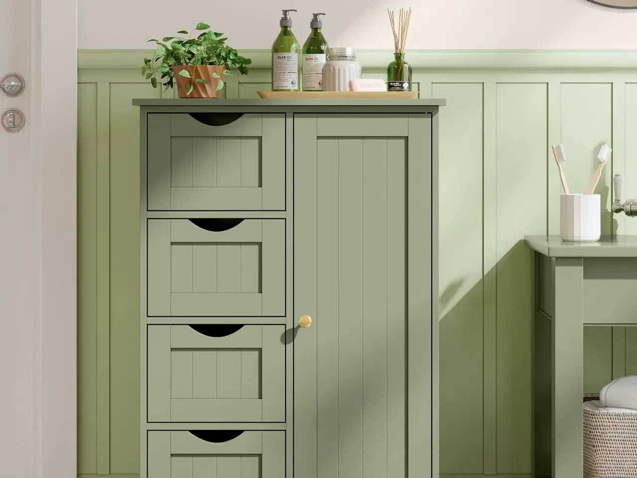 Billede 2 - Badeværelsesskab med 4 skuffer og dør – fritstående opbevaringsskab, justerbar hylde, 30 × 55 × 82 cm, laurbærgrøn