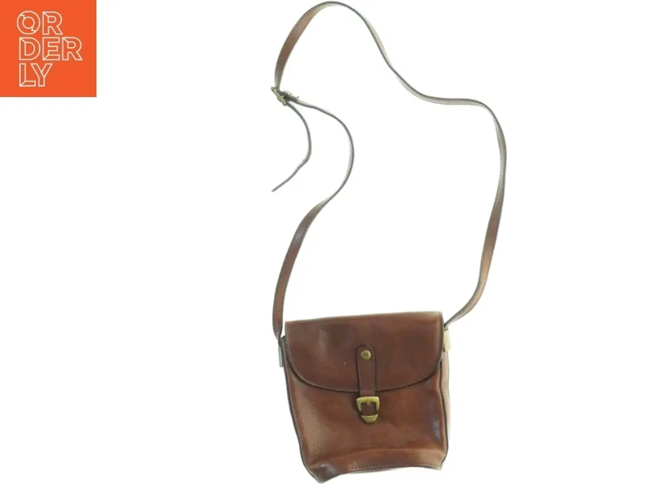 Billede 1 - Lædertaske med lang rem (str. 20 x, 20 x 8 cm uden rem)